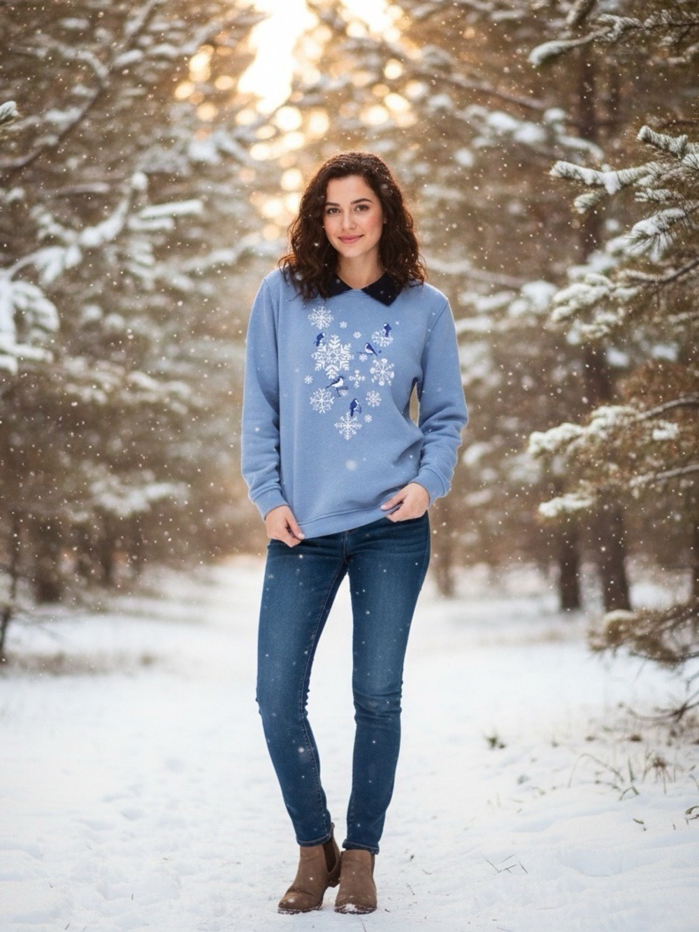 Northern reflections blue collared pullover sweater with Bluejay graphic medium